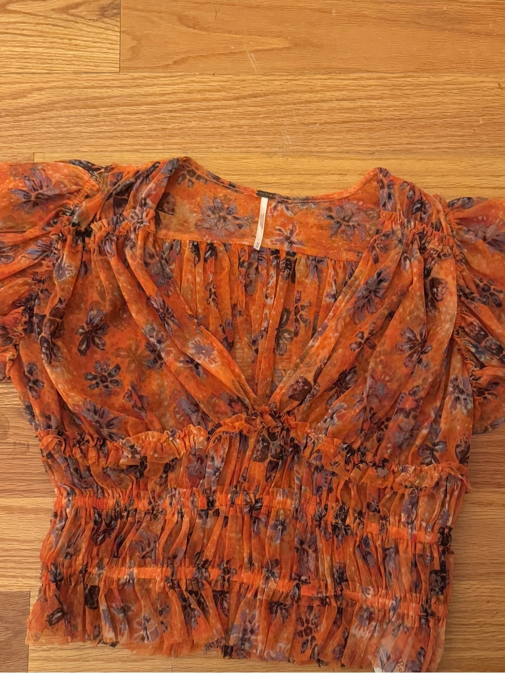 Theodora & Callum Orange Floral Smocked V-Neck Blouse